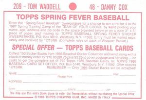 1986 Topps Stickers #48 / 209 Danny Cox / Tom Waddell Back