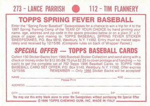 1986 Topps Stickers #112 / 273 Tim Flannery / Lance Parrish Back