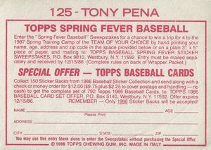 1986 Topps Stickers #125 Tony Pena Back
