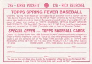 1986 Topps Stickers #126 / 285 Rick Reuschel / Kirby Puckett Back