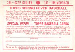 1986 Topps Stickers #133 / 294 Jim Morrison / Ozzie Guillen Back