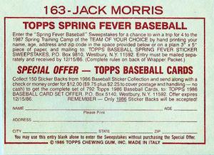 1986 Topps Stickers #163 Jack Morris Back