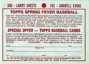 1986 Topps Stickers #165 / 308 Darrell Evans / Larry Sheets Back
