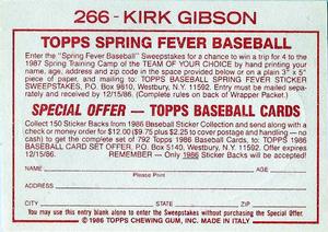 1986 Topps Stickers #266 Kirk Gibson Back