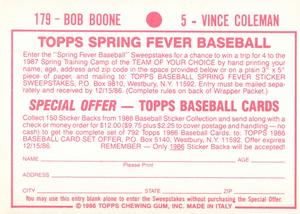 1986 Topps Stickers #5 / 179 Vince Coleman / Bob Boone Back