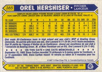 1987 O-Pee-Chee #385 Orel Hershiser Back