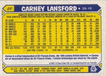 1987 O-Pee-Chee #69 Carney Lansford Back