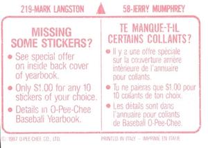 1987 O-Pee-Chee Stickers #58 / 219 Jerry Mumphrey / Mark Langston Back
