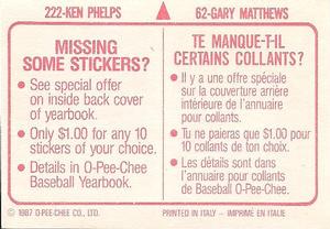 1987 O-Pee-Chee Stickers #62 / 222 Gary Matthews / Ken Phelps Back