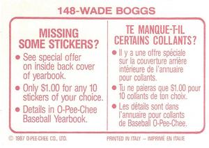 1987 O-Pee-Chee Stickers #148 Wade Boggs Back