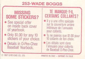 1987 O-Pee-Chee Stickers #253 Wade Boggs Back