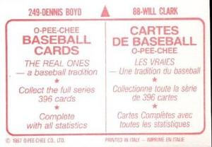 1987 O-Pee-Chee Stickers #88 / 249 Will Clark / Dennis Boyd Back