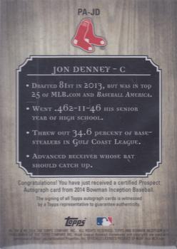 2014 Bowman Inception #PA-JD Jon Denney Back