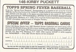 1987 Topps Stickers #146 Kirby Puckett Back