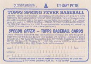 1987 Topps Stickers #2 / 175 Roger Clemens / Gary Pettis Back