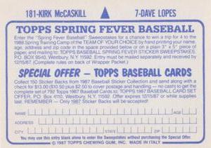 1987 Topps Stickers #7 / 181 Dave Lopes / Kirk McCaskill Back