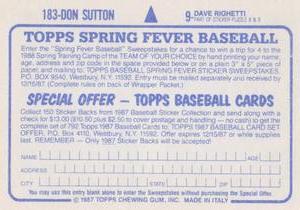 1987 Topps Stickers #9 / 183 Dave Righetti / Don Sutton Back