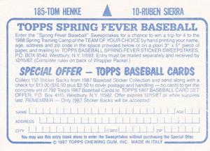 1987 Topps Stickers #10 / 185 Ruben Sierra / Tom Henke Back