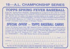 1987 Topps Stickers #18 A.L. Championship Series Back