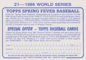 1987 Topps Stickers #21 1986 World Series Back