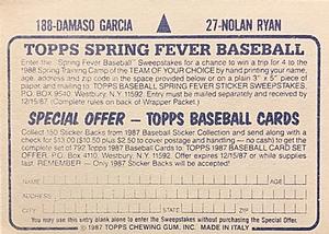 1987 Topps Stickers #27 / 188 Nolan Ryan / Damaso Garcia Back