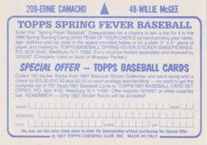 1987 Topps Stickers #48 / 209 Willie McGee / Ernie Camacho Back