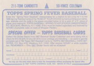 1987 Topps Stickers #50 / 211 Vince Coleman / Tom Candiotti Back