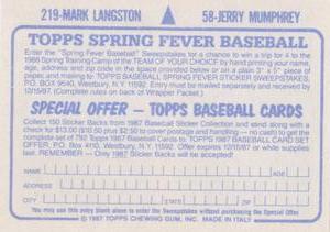 1987 Topps Stickers #58 / 219 Jerry Mumphrey / Mark Langston Back