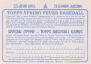 1987 Topps Stickers #59 / 220 Shawon Dunston / Alvin Davis Back
