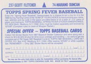 1987 Topps Stickers #74 / 237 Mariano Duncan / Scott Fletcher Back