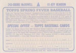 1987 Topps Stickers #81 / 243 Jeff Reardon / Oddibe McDowell Back