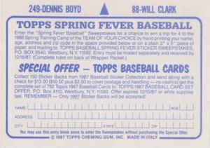 1987 Topps Stickers #88 / 249 Will Clark / Dennis Boyd Back