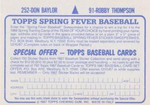 1987 Topps Stickers #91 / 252 Robby Thompson / Don Baylor Back