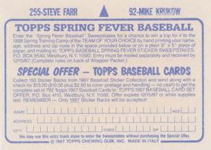 1987 Topps Stickers #92 / 255 Mike Krukow / Steve Farr Back