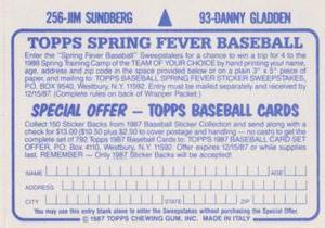 1987 Topps Stickers #93 / 256 Danny Gladden / Jim Sundberg Back