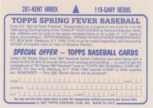 1987 Topps Stickers #119 / 281 Gary Redus / Kent Hrbek Back