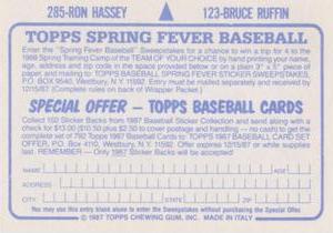 1987 Topps Stickers #123 / 285 Bruce Ruffin / Ron Hassey Back