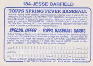 1987 Topps Stickers #184 Jesse Barfield Back