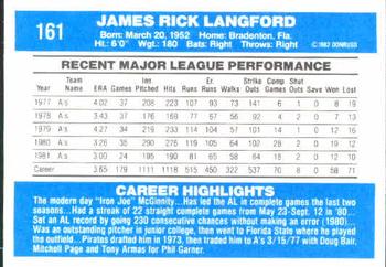 1982 Donruss #161 Rick Langford Back