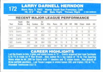1982 Donruss #172 Larry Herndon Back