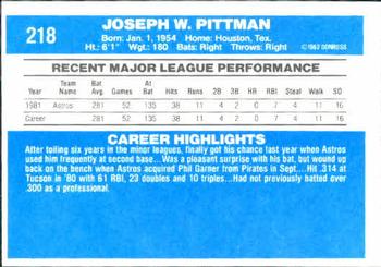 1982 Donruss #218 Joe Pittman Back