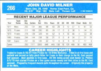 1982 Donruss #266 John Milner Back