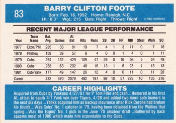 1982 Donruss #83 Barry Foote Back