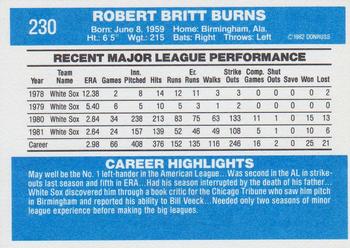 1982 Donruss #230 Britt Burns Back