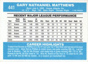 1982 Donruss #441 Gary Matthews Back