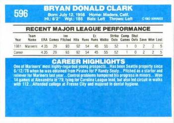 1982 Donruss #596 Bryan Clark Back