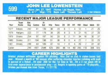 1982 Donruss #599 John Lowenstein Back