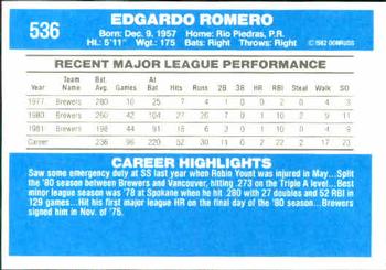 1982 Donruss #536 Ed Romero Back