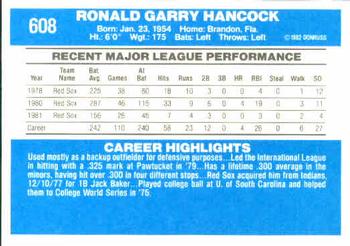 1982 Donruss #608 Garry Hancock Back