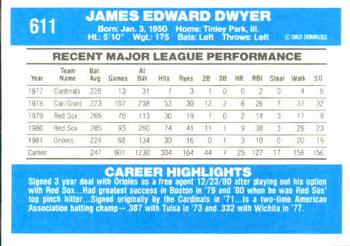 1982 Donruss #611 Jim Dwyer Back